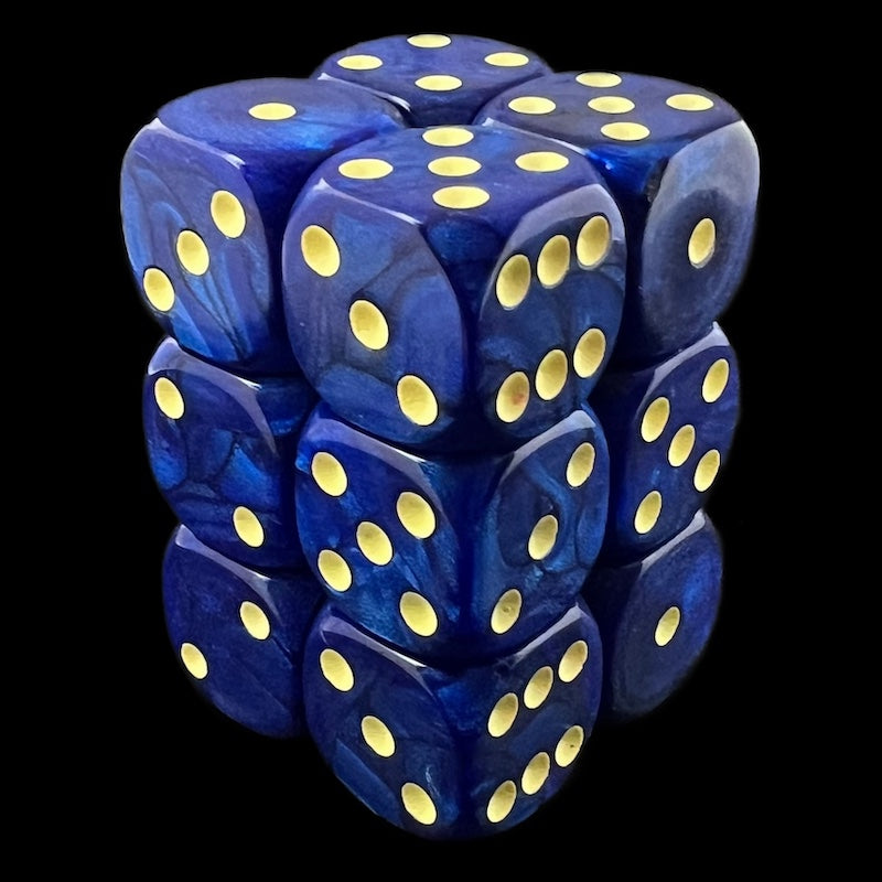 UK Made Dice Lustrous Pearl Dark Blue with Pale Yellow 12 x D6 Dice Set