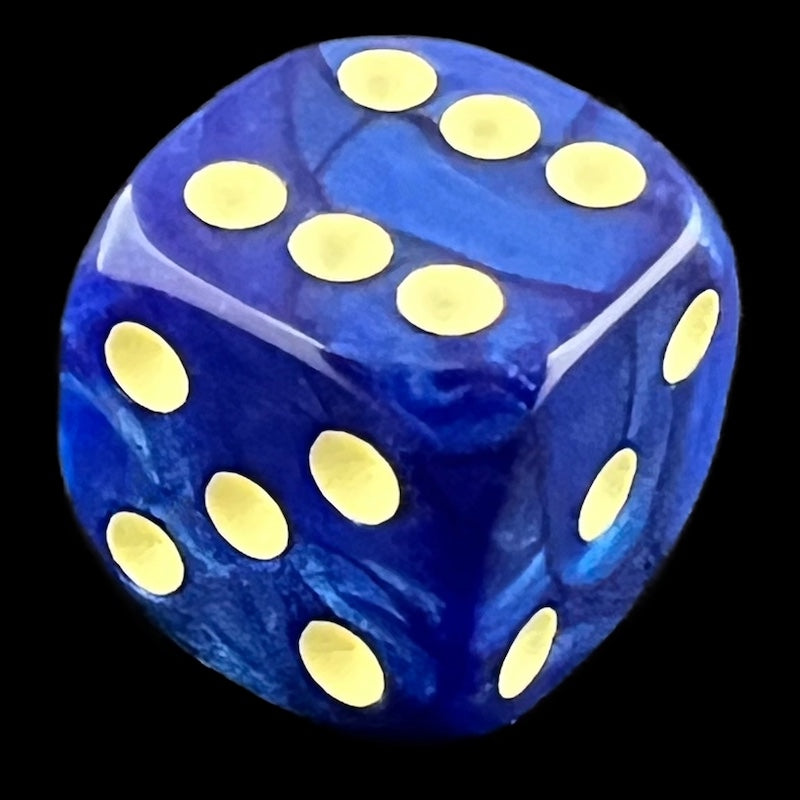 UK Made Dice Lustrous Pearl Dark Blue with Pale Yellow D6 Spot Dice