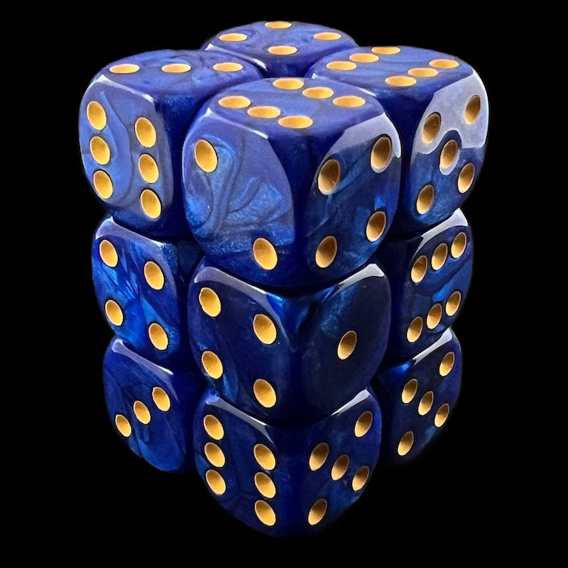 UK Made Dice Lustrous Pearl Dark Blue with Yellow 12 x D6 Dice Set