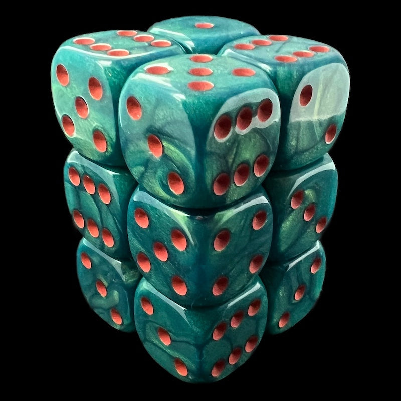 UK Made Dice Lustrous Pearl Jade with Red 12 x D6 Dice Set