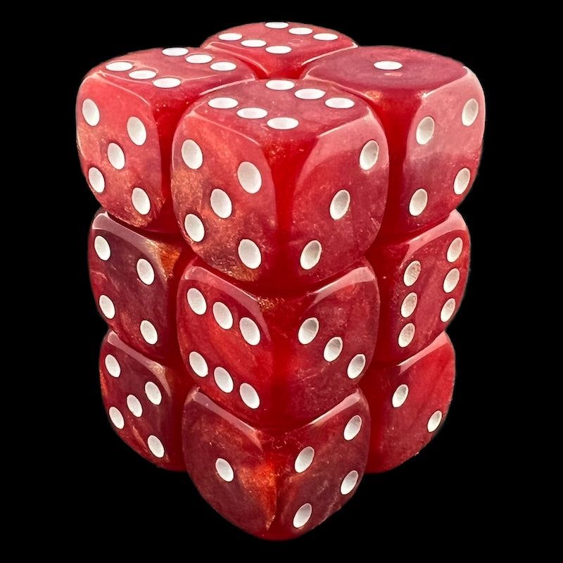 UK Made Dice Lustrous Red with White 12 x D6 Dice Set