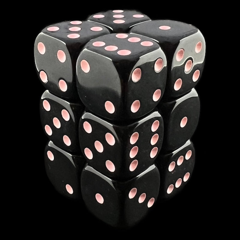 UK Made Dice Opaque Black with Pink 12 x D6 Dice Set