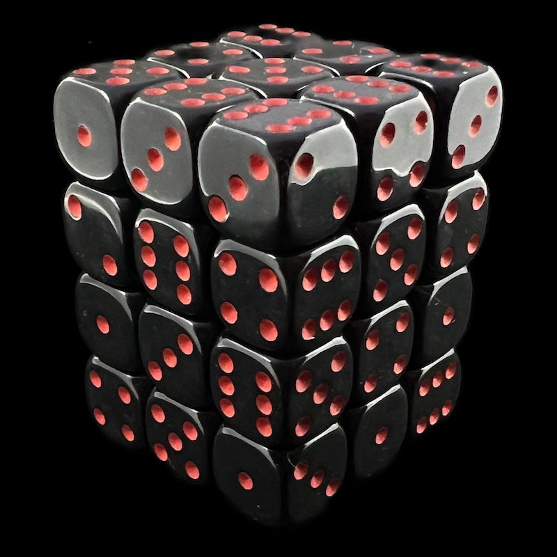 UK Made Dice Opaque Black with Red 36 x D6 Dice Set
