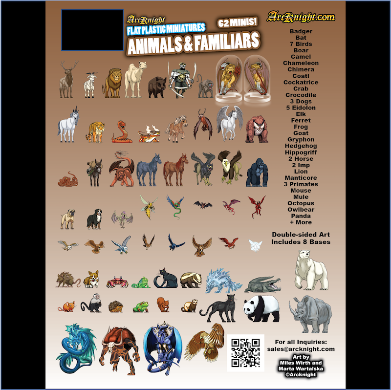 ArcKnight Flat Plastic Miniatures - Animals & Familiars - 62 Minis