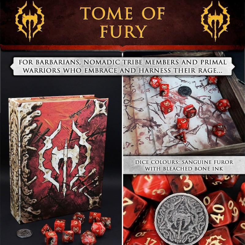 Tome of Fury - 10 Dice Polyset / Coin / Dice Tray
