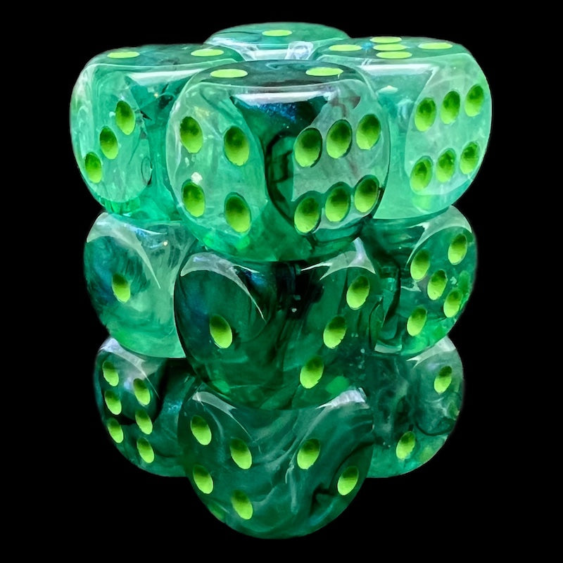 Chessex Borealis Kelp & Light Green Luminary Glow In Dark 12 x D6 Dice Set