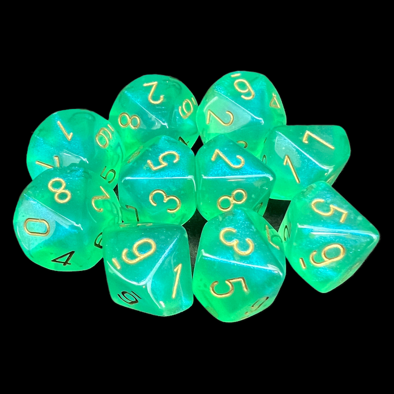 Chessex Borealis Light Green & Gold Luminary 10 x D10 Dice Set