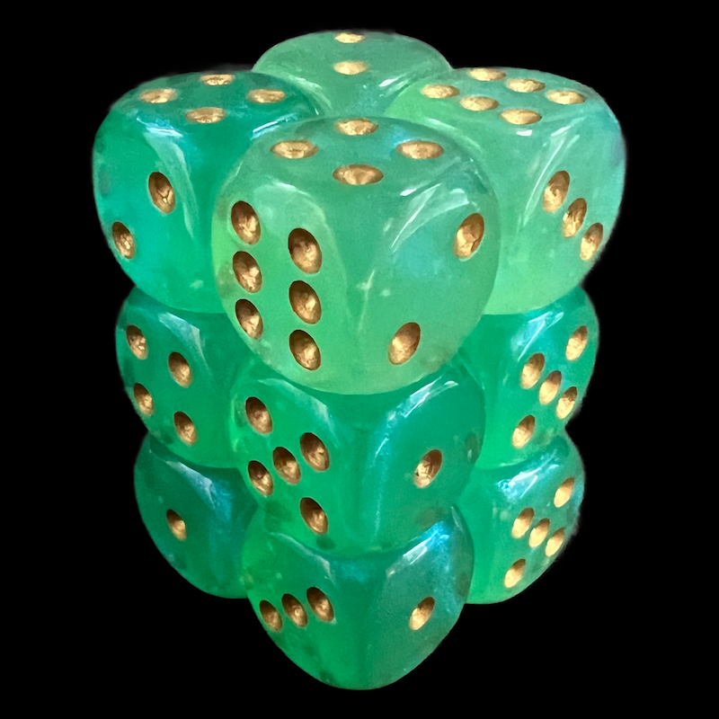 Chessex Borealis Light Green &amp; Gold Luminary 12 x D6 Dice Set