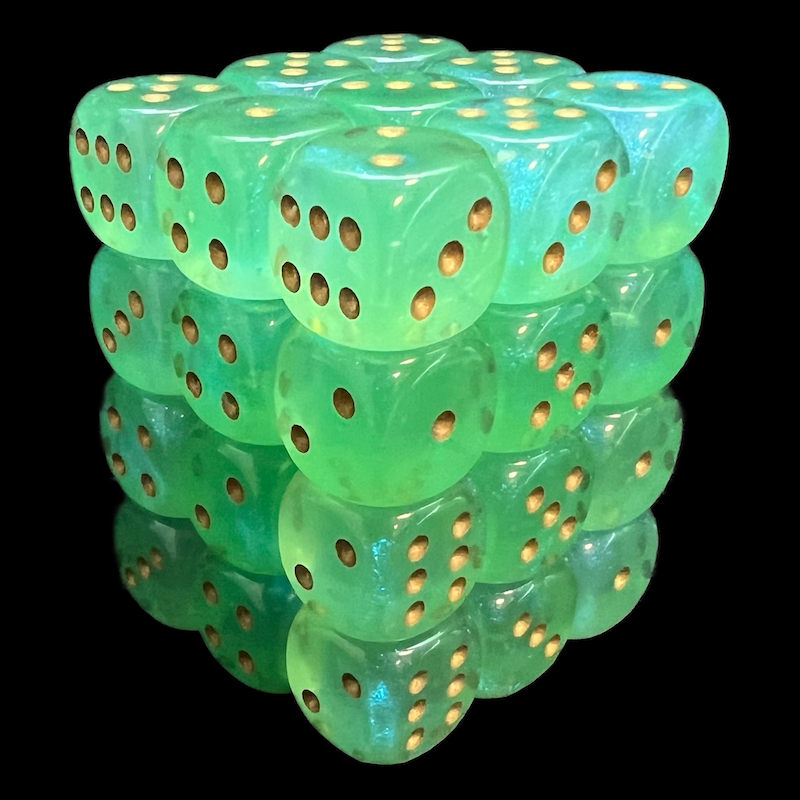 Chessex Borealis Light Green & Gold Luminary 36 x D6 Dice Set