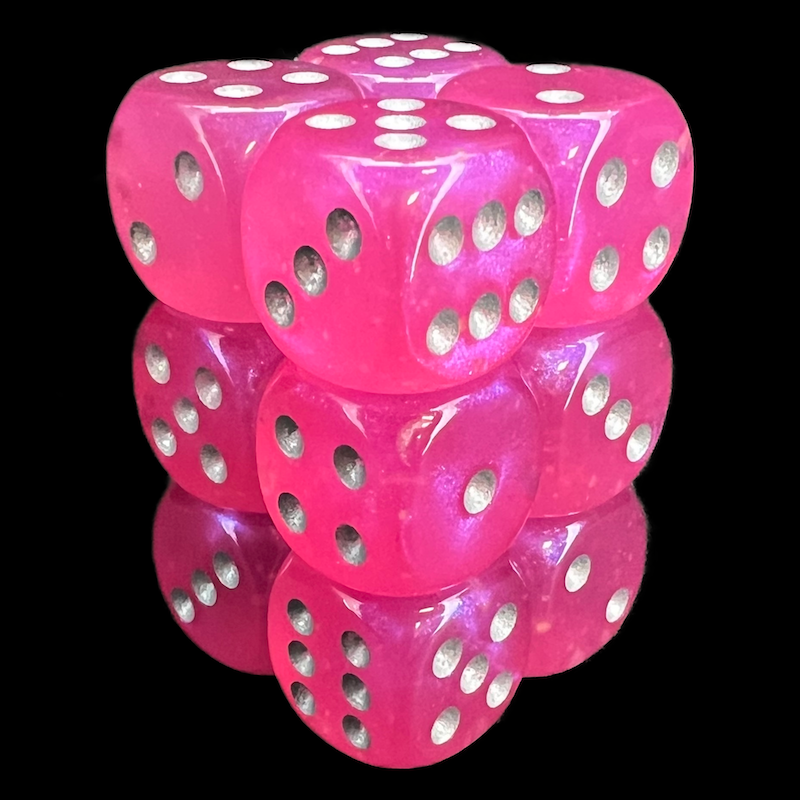 Chessex Borealis Pink & Silver Luminary 12 x D6 Dice Set