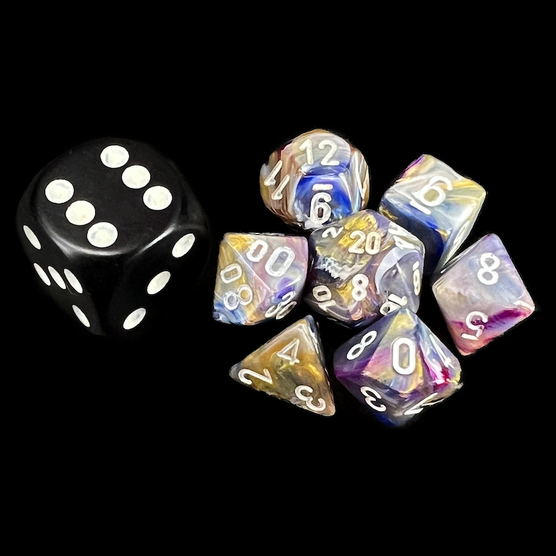 Chessex Festive Carousel & White MINI-HEDRAL 7 Dice Polyset with Dice Cube