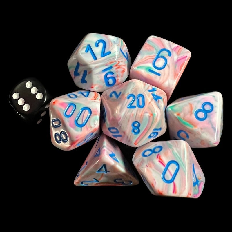 Chessex Festive Pop Art & Blue MEGA-HEDRAL Jumbo 7 Dice Polyset