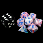 Chessex Festive Pop Art & Blue MINI-HEDRAL 7 Dice Polyset with Dice Cube