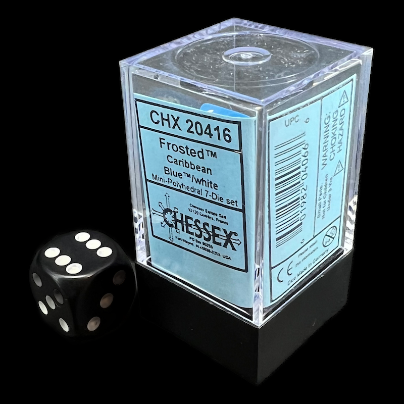 Chessex Frosted Caribbean Blue & White MINI-HEDRAL 7 Dice Polyset with Dice Cube