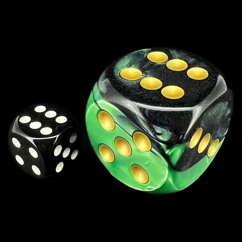 Chessex Gemini Black & Green with Gold BIG 30mm D6 Spot Dice