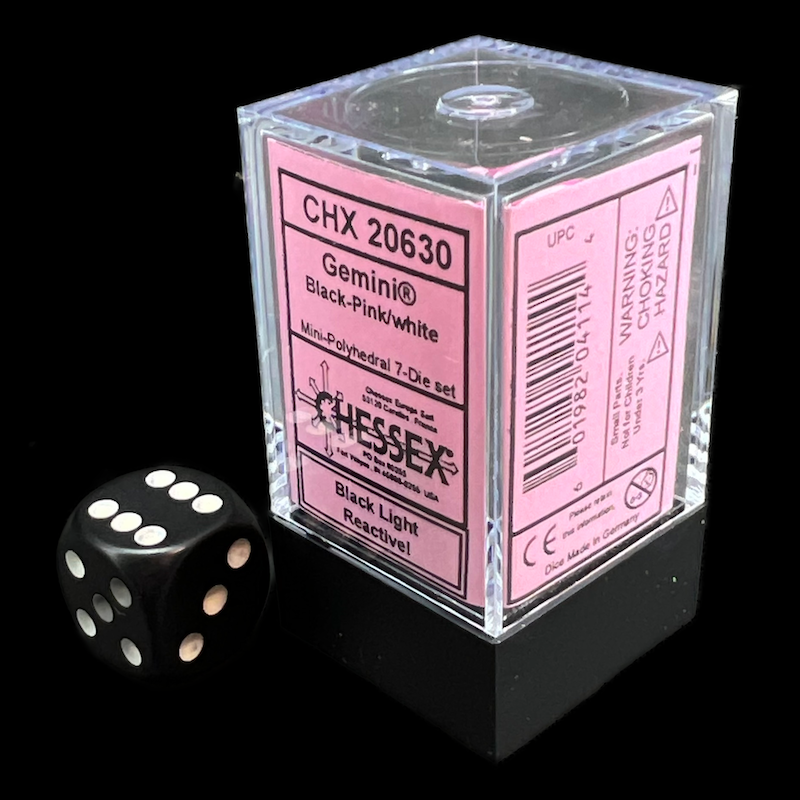 Chessex Gemini Black & Pink MINI-HEDRAL 7 Dice Polyset with Dice Cube