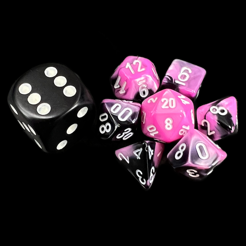 Chessex Gemini Black & Pink MINI-HEDRAL 7 Dice Polyset with Dice Cube
