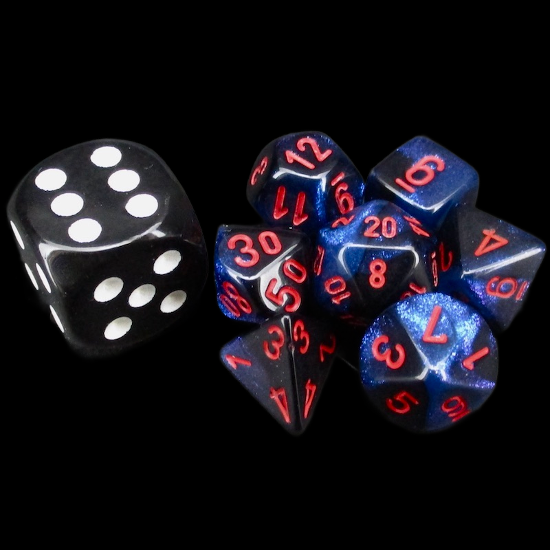 Chessex Gemini Black Starlight & Red MINI-HEDRAL 7 Dice Polyset with Cube