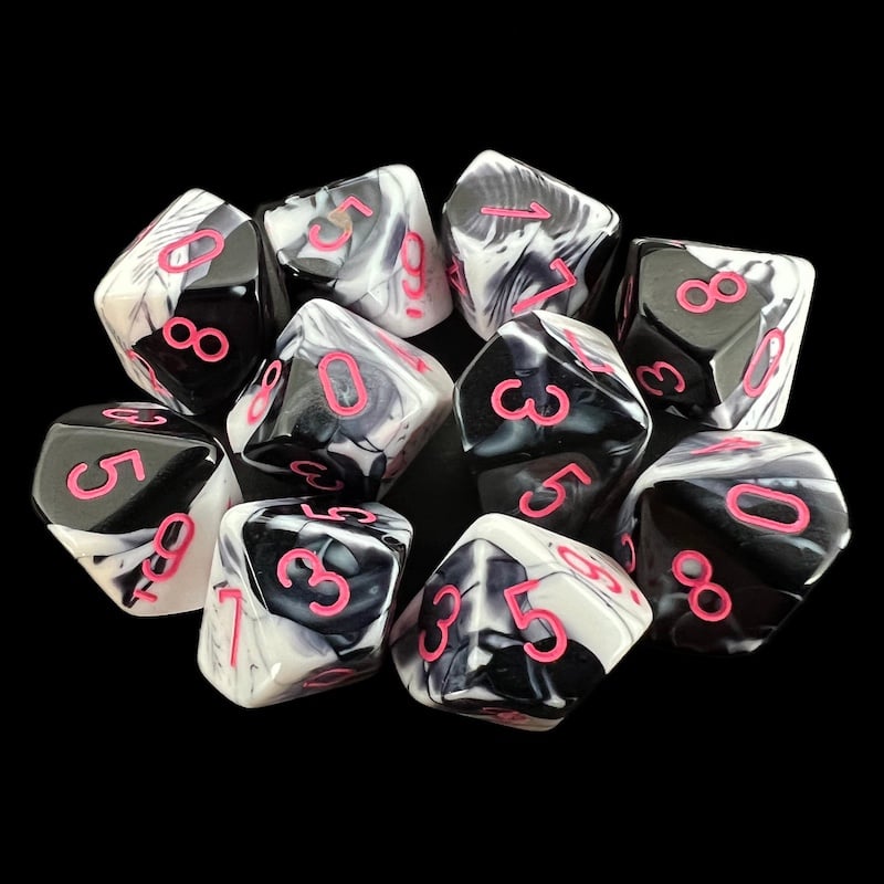 Chessex Gemini Black & White with Pink 10 x D10 Dice Set