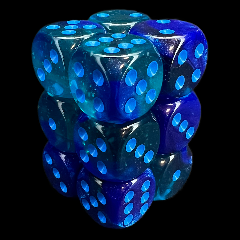 Chessex Gemini Blue & Blue Luminary Glow In Dark 12 x D6 Dice Set