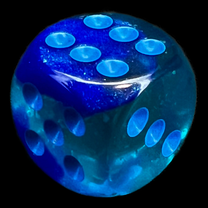 Chessex Gemini Blue & Blue Luminary Glow In Dark 16mm D6 Spot Dice