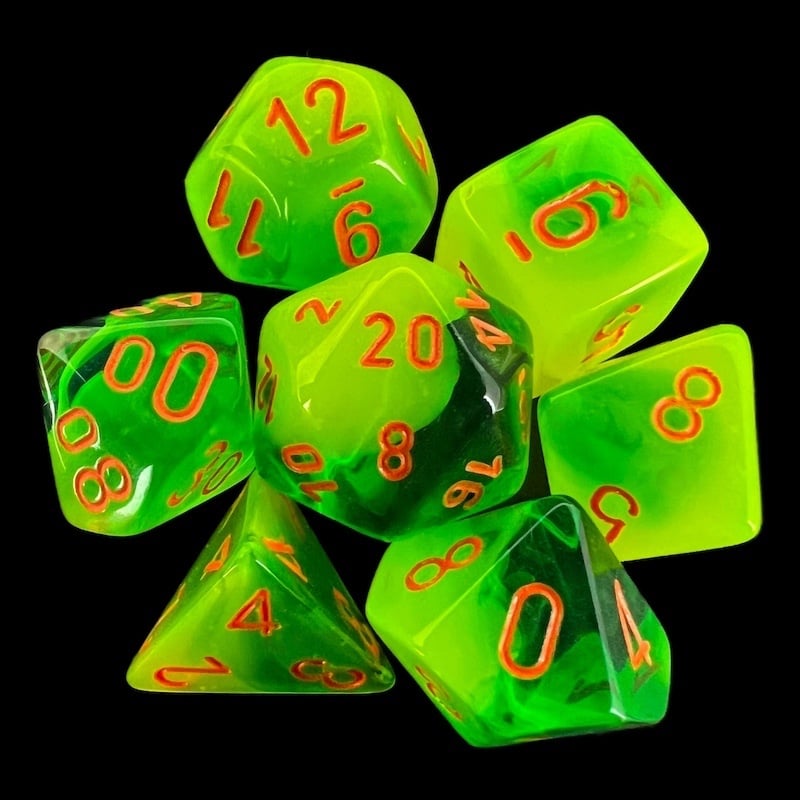 Chessex Gemini Plasma Green & Teal Luminary Glow In Dark 7 Dice Polyset