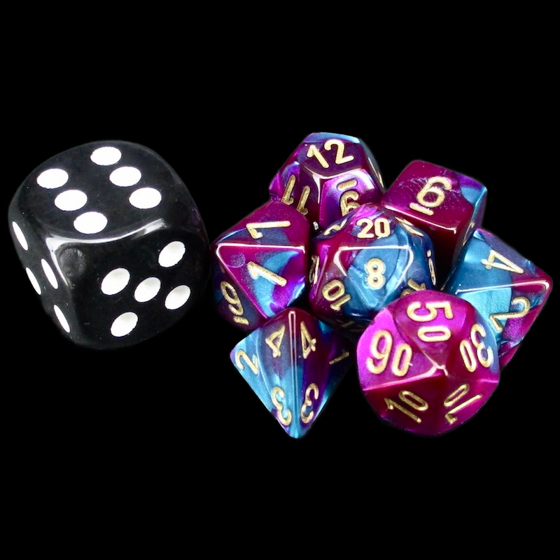 Chessex Gemini Purple & Teal MINI-HEDRAL 7 Dice Polyset with Dice Cube