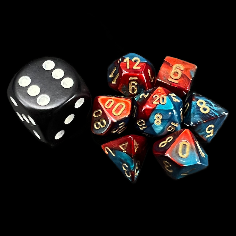 Chessex Gemini Red & Teal MINI-HEDRAL 7 Dice Polyset with Dice Cube
