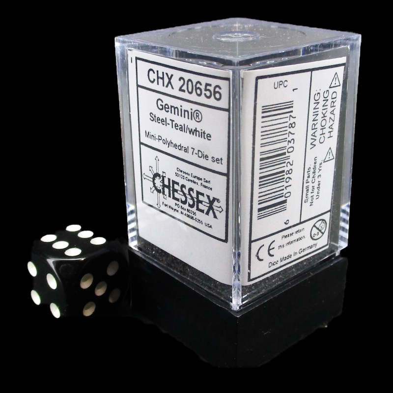 Chessex Gemini Steel & Teal MINI-HEDRAL 7 Dice Polyset with Dice Cube