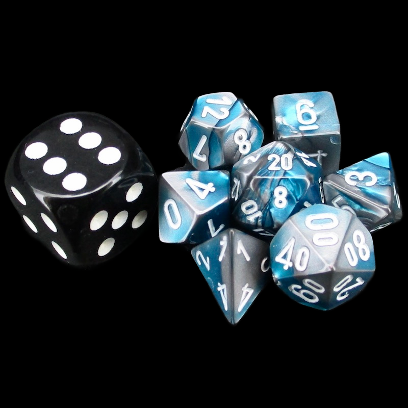 Chessex Gemini Steel & Teal MINI-HEDRAL 7 Dice Polyset with Dice Cube