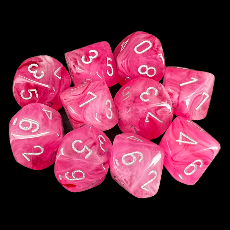 Chessex Ghostly Glow Pink & Silver 10 x D10 Dice Set