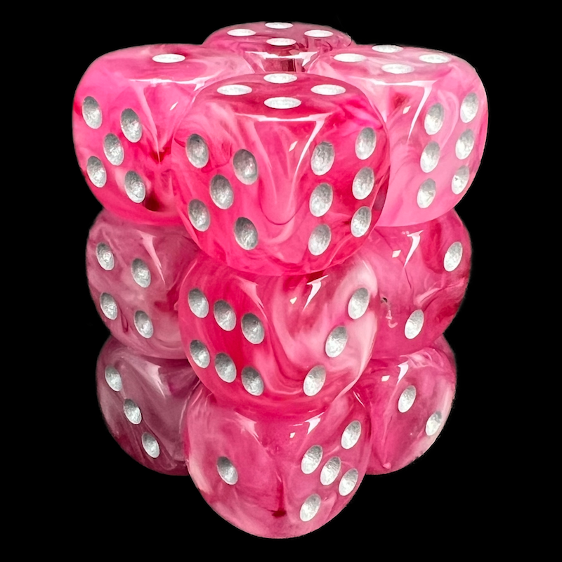 Chessex Ghostly Glow Pink & Silver 12 x D6 Dice Set