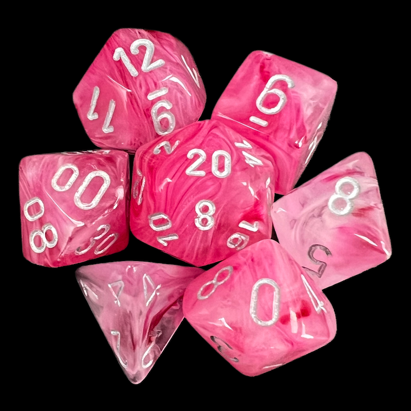 Chessex Ghostly Glow Pink & Silver 7 Dice Polyset