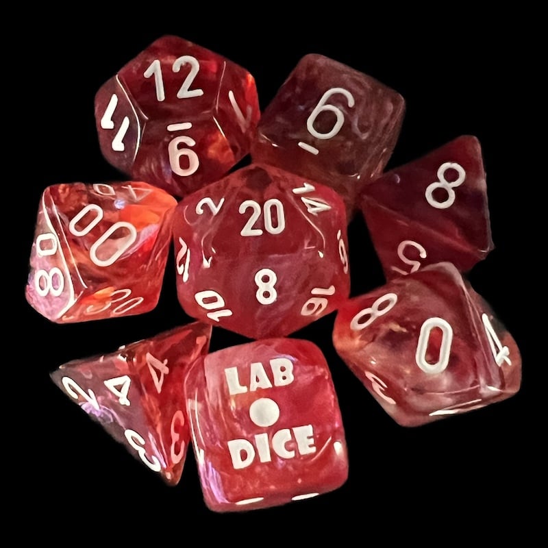 Chessex LAB 9 Borealis Passion With White 7 Dice Polyset + Bonus D6 - Luminary - Glow In Dark