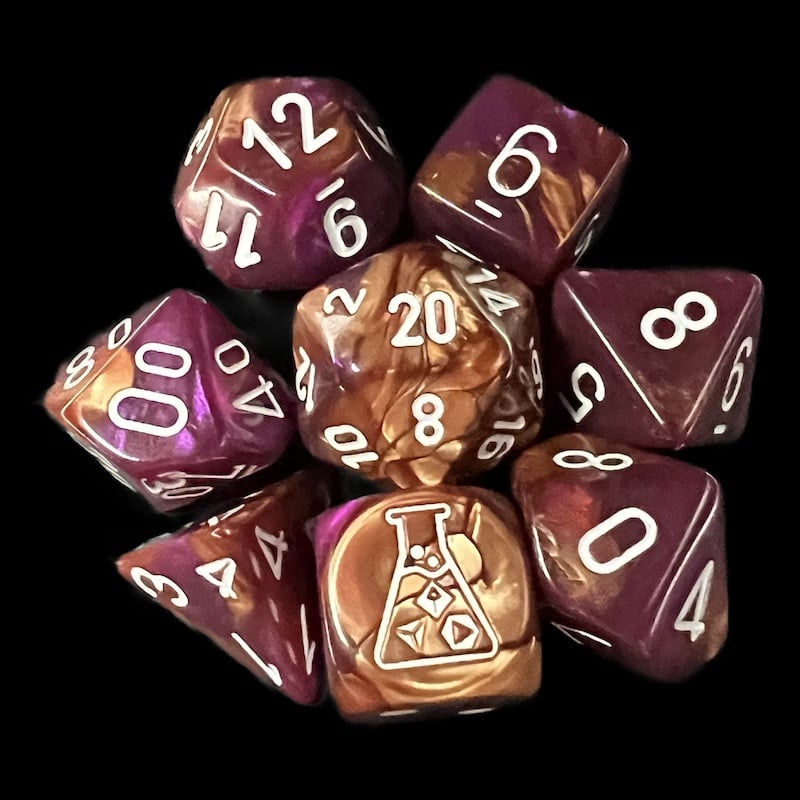 Chessex LAB 9 Gemini Copper & Purple With White 7 Dice Polyset + Bonus D6