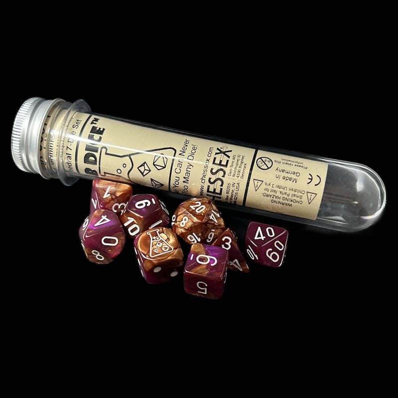Chessex LAB 9 Gemini Copper & Purple With White 7 Dice Polyset + Bonus D6