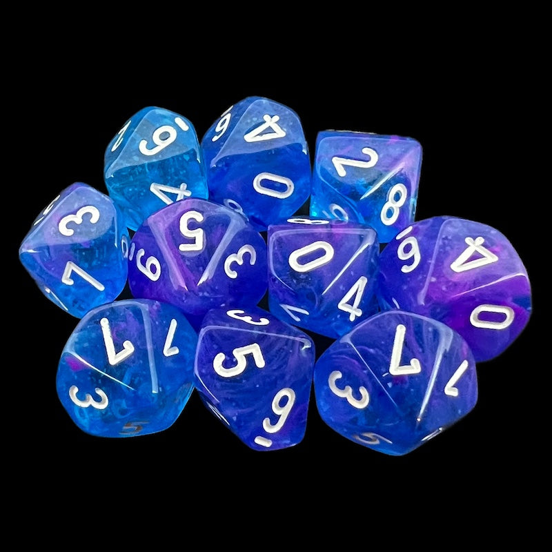 Chessex Nebula Aura &amp; White Luminary Glow In Dark 10 x D10 Dice Set