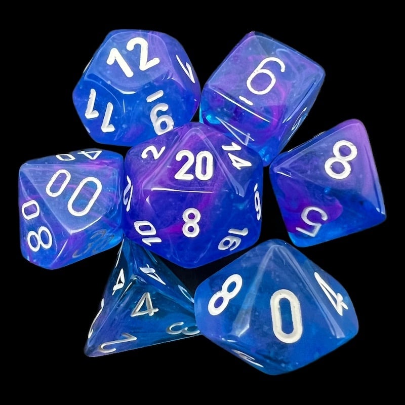 Chessex Nebula Aura & White Luminary Glow In Dark 7 Dice Polyset