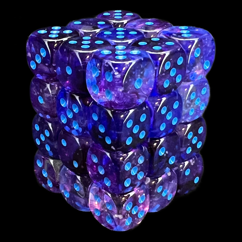 Chessex Nebula Nocturnal & Blue Luminary Glow In Dark 36 x D6 Dice Set