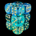 Chessex Nebula Oceanic & Gold Luminary Glow In Dark 12 x D6 Dice Set