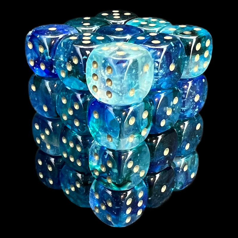 Chessex Nebula Oceanic & Gold Luminary Glow In Dark 36 x D6 Dice Set