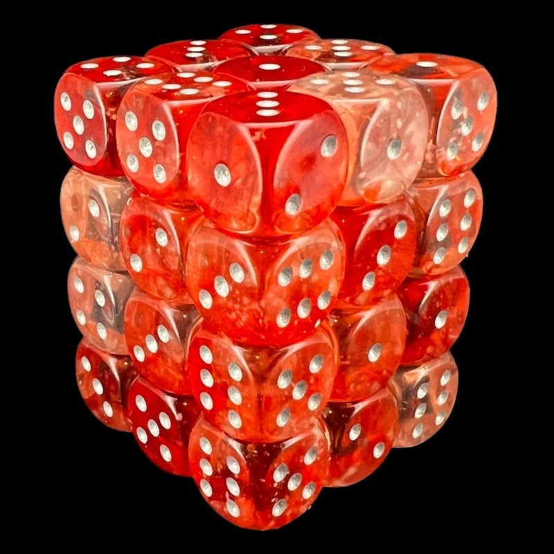Chessex Nebula Red & Silver Luminary Glow In Dark 36 x D6 Dice Set