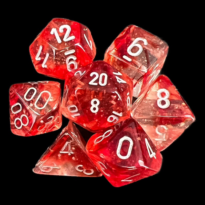 Chessex Nebula Red & Silver Luminary Glow In Dark 7 Dice Polyset