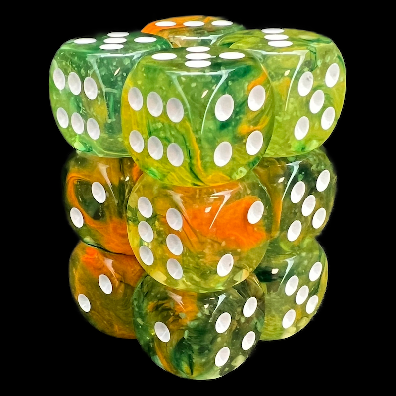 Chessex Nebula Spring & White Luminary Glow In Dark 12 x D6 Dice Set