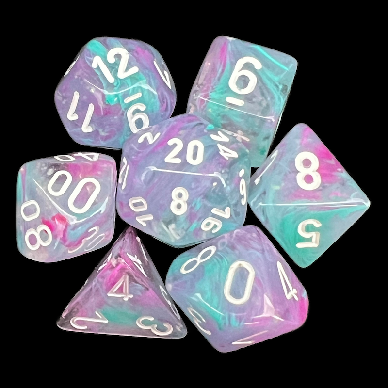 Chessex Nebula Wisteria & White Luminary Glow In Dark 7 Dice Polyset