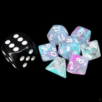 Chessex Nebula Wisteria & White Luminary Glow In Dark MINI-HEDRAL 7 Dice Polyset with Dice Cube