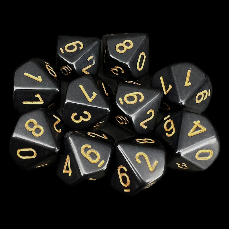 Chessex Opaque Black & Gold 10 x D10 Dice Set