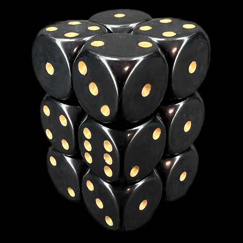 Chessex Opaque Black & Gold 12 x D6 Dice Set