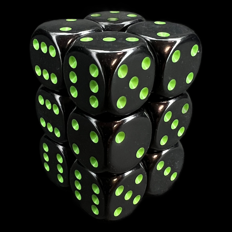 Chessex Opaque Black & Green 12 x D6 Dice Set