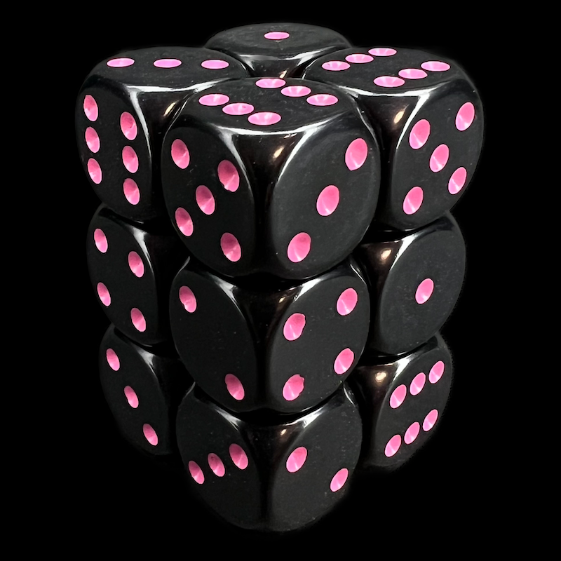 Chessex Opaque Black & Pink 12 x D6 Dice Set